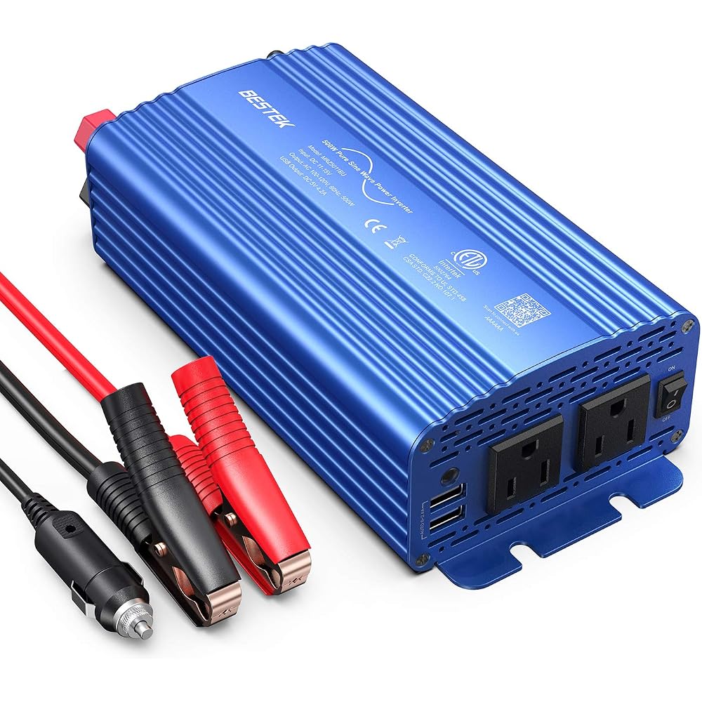 BESTEK 500W Pure Sine Wave Power Inverter DC 12V to AC 110V, 2 Outlets, 4.2A Dual USB Charging Ports, ETL Listed