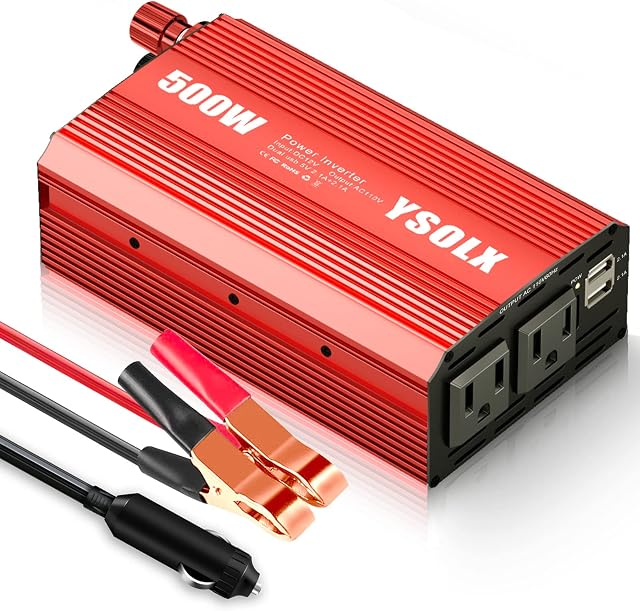 YSOLX 500W Power Inverter 12V to 110V for Vehicles, Dual Fast Charging 24W USB, 2 AC Outlets, Road Trips, Camping
