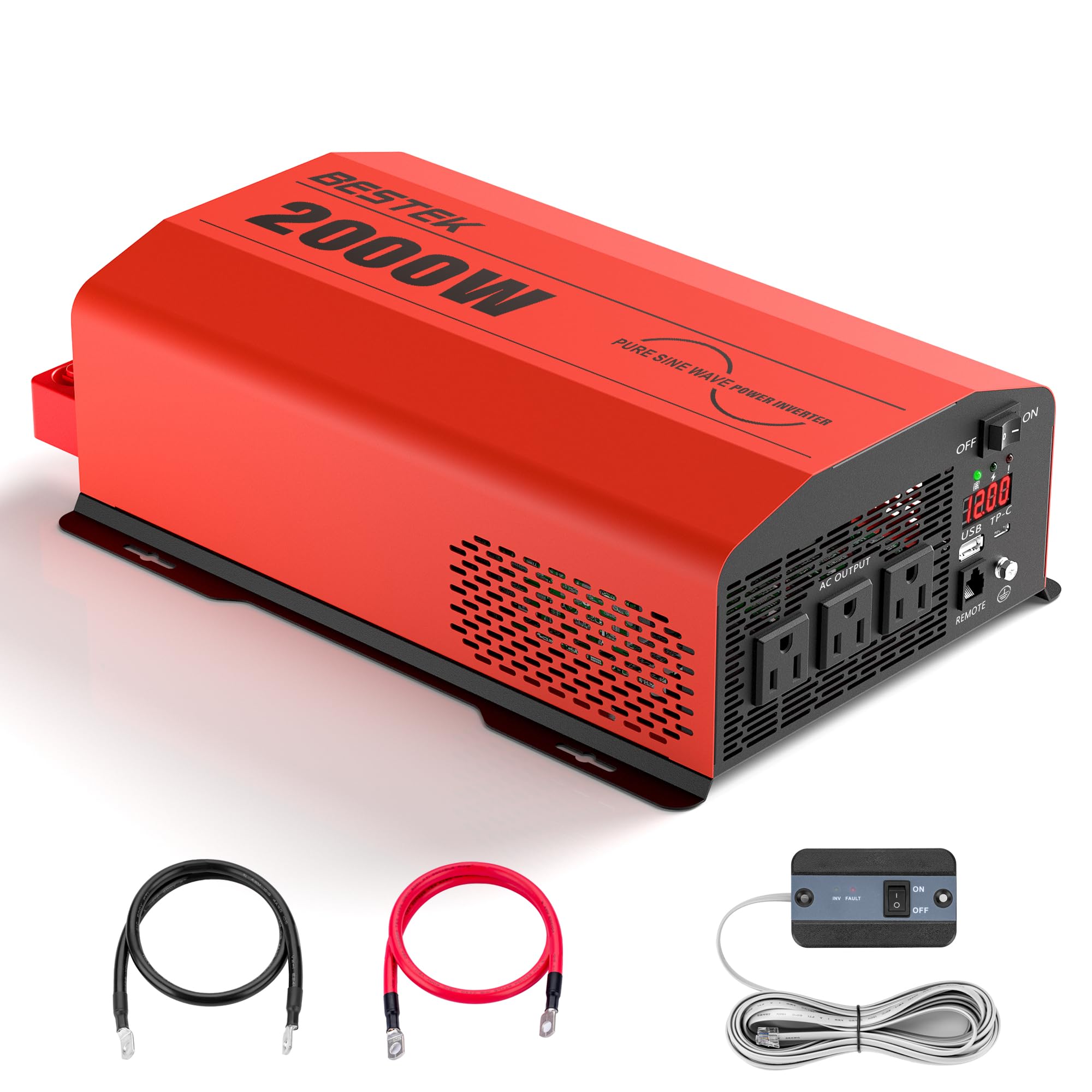 BESTEK 2000W Power Inverter, 3 AC Outlets, DC 12V to 110V AC Car Power Converter for Camping, Outdoor Power Supply, ETL Listed