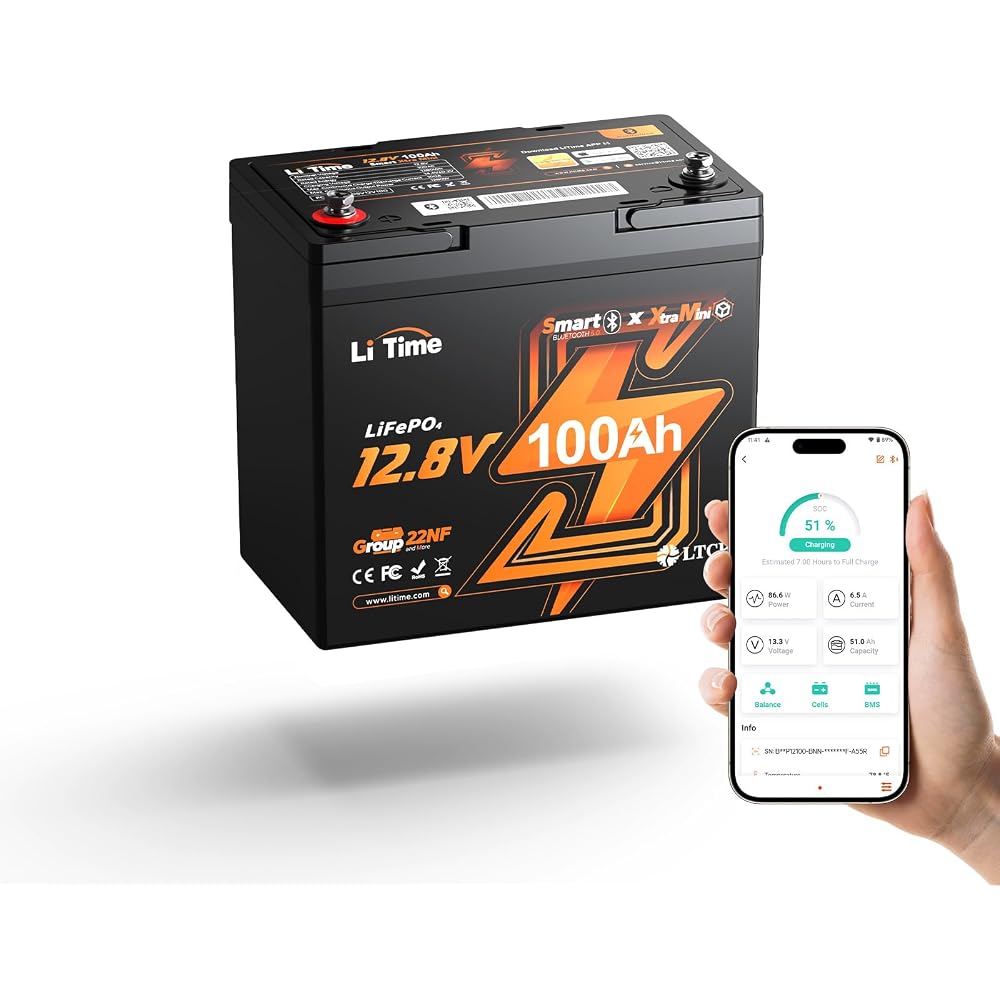 LiTime 12V 100Ah MINI Size Bluetooth LiFePO4 Battery, 4000+ Deep Cycle, Perfect for RV, Travel Trailer, Trolling Motor