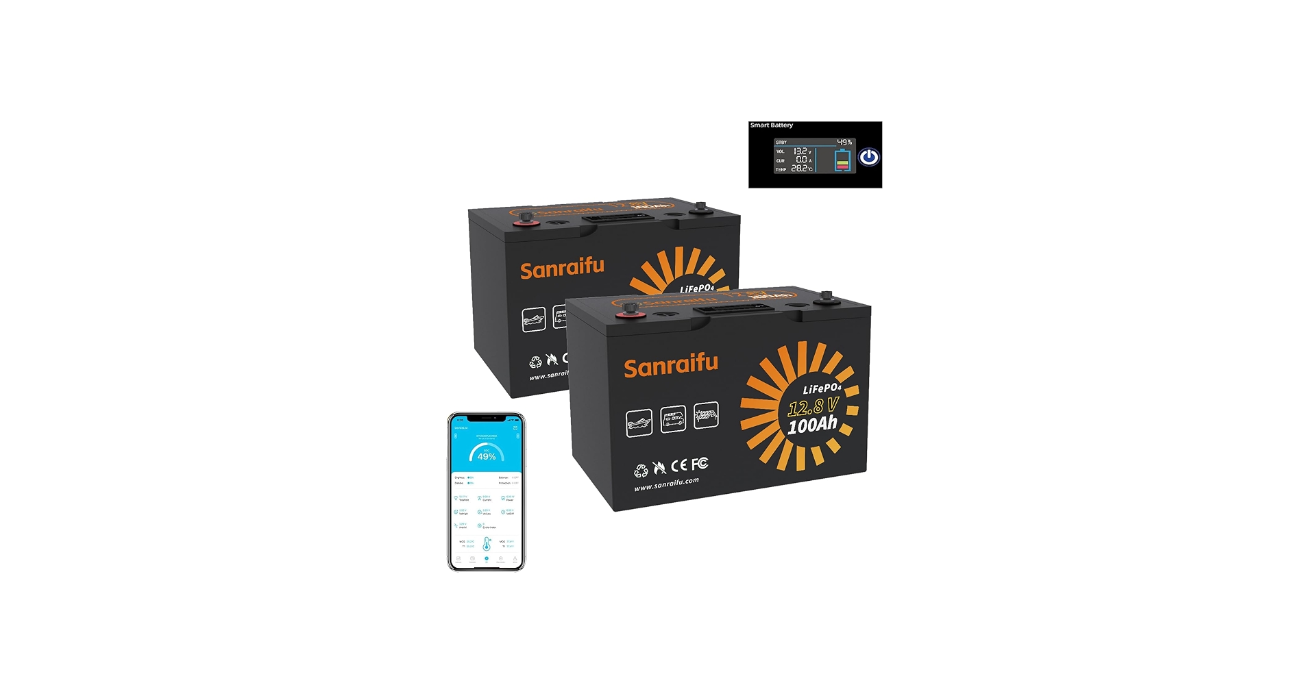 Sanraifu 12V 100Ah LiFePO4 Battery 2 Pack, Bluetooth & LCD Display Dual Monitoring, 15000 Deep Cycle, Built-in 100A BMS & Low-Temp Cutoff