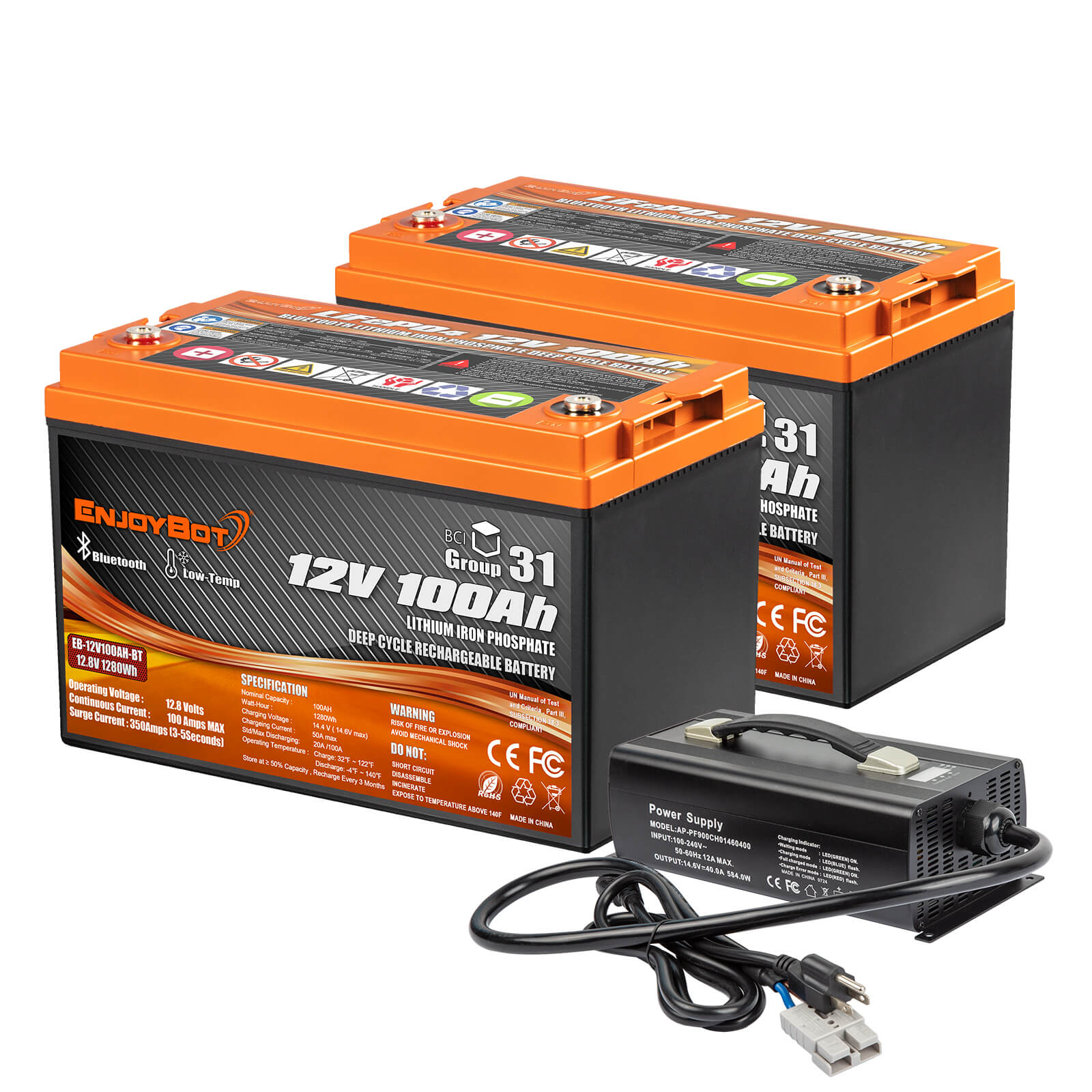 Enjoybot 12V 100Ah LiFePO4 Lithium Battery, 100A BMS Deep Cycle Battery with Low Temp Cut Off, Peak Current 350A, for RV, Trolling Motor, UTVs, ATVs