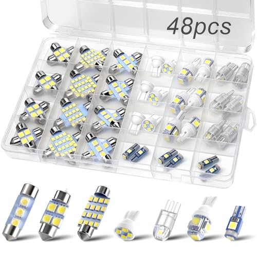 48Pcs LED Interior Car Lights Kit, Premium Bright White LED Bulb (194 T10 T5 DE3175 W5W 2825 578 168), Dome Map Dash Door License Plate Tail Light Bulbs