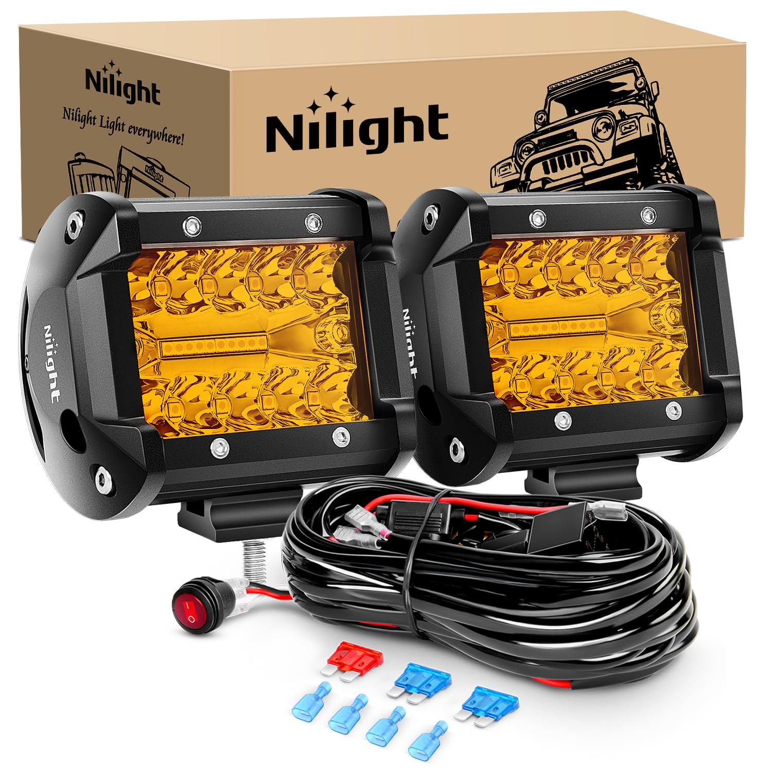 Nilight 2PC 4Inch Amber LED Pods Triple Row 60W Flood Spot Combo Driving Fog Lights with 16AWG Wiring Harness-2 Leads for Offroad Pickup Trucks Jeep ATV UTV SUV