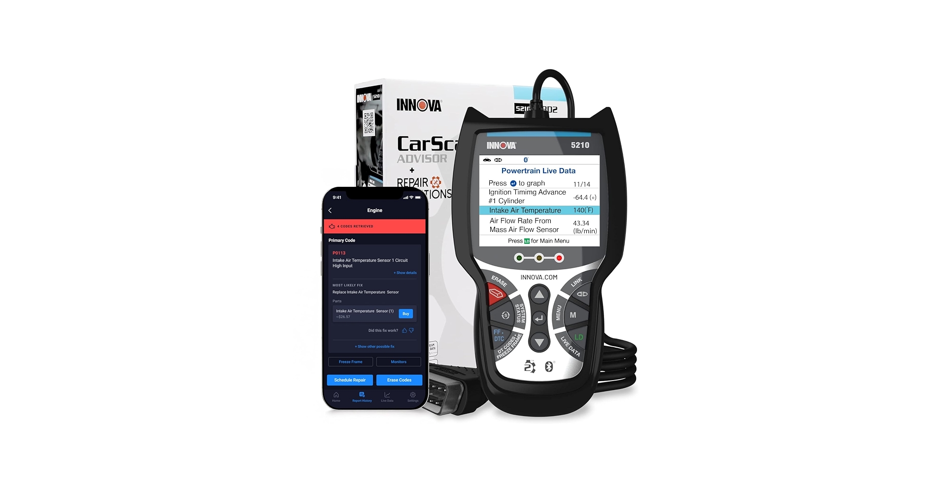 Innova 5210 OBD2 Scanner & Engine Code Reader, Battery Tester, Live Data, Oil Reset, Car Diagnostic Tool, Bluetooth Compatible with RepairSolutions2 App