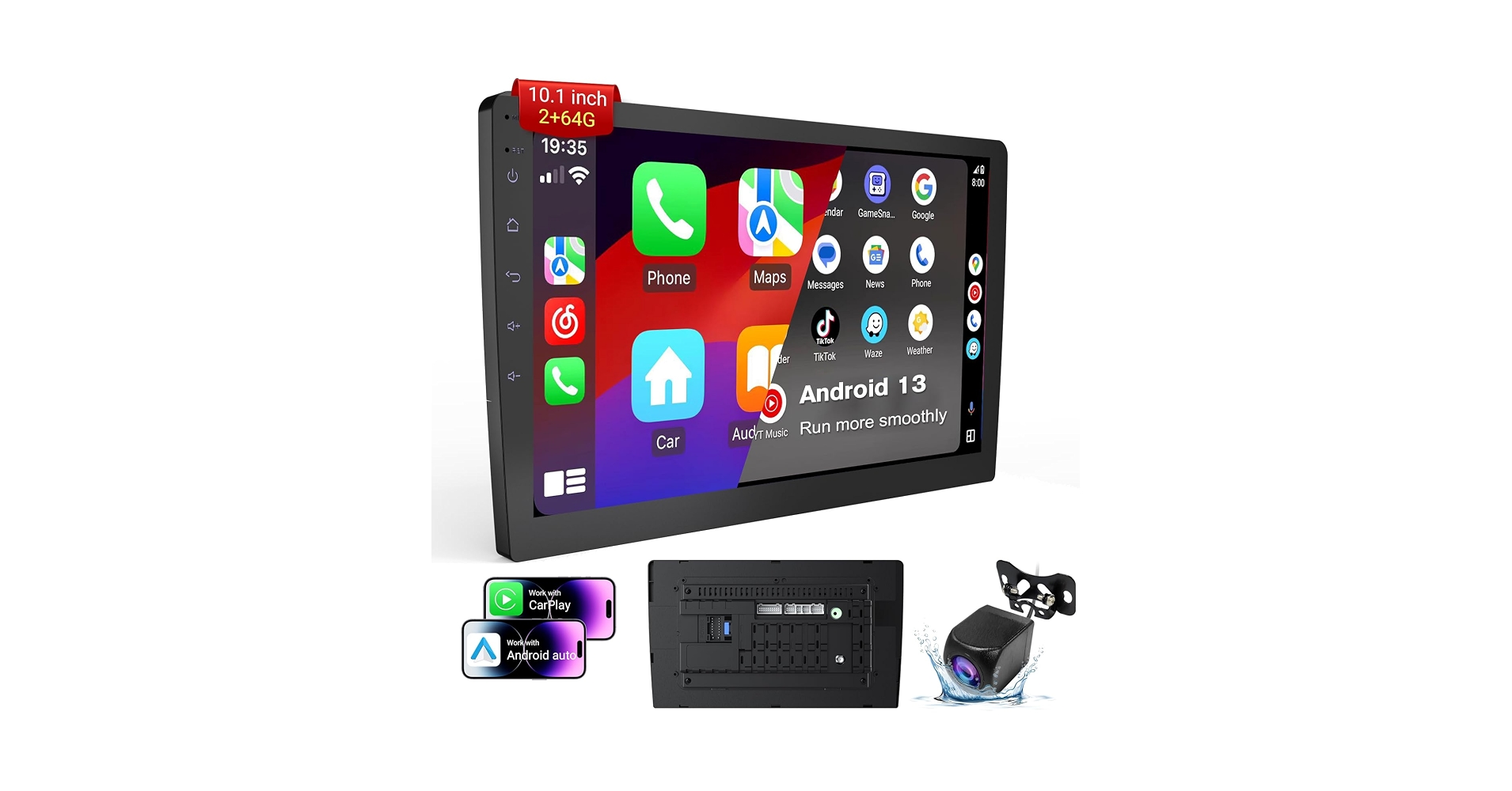 10 Inch Double Din Touchscreen Car Stereo - Detachable Floating QLED Car Radio with Apple Wireless CarPlay, Android Auto, Bluetooth, Live Rear View Camera