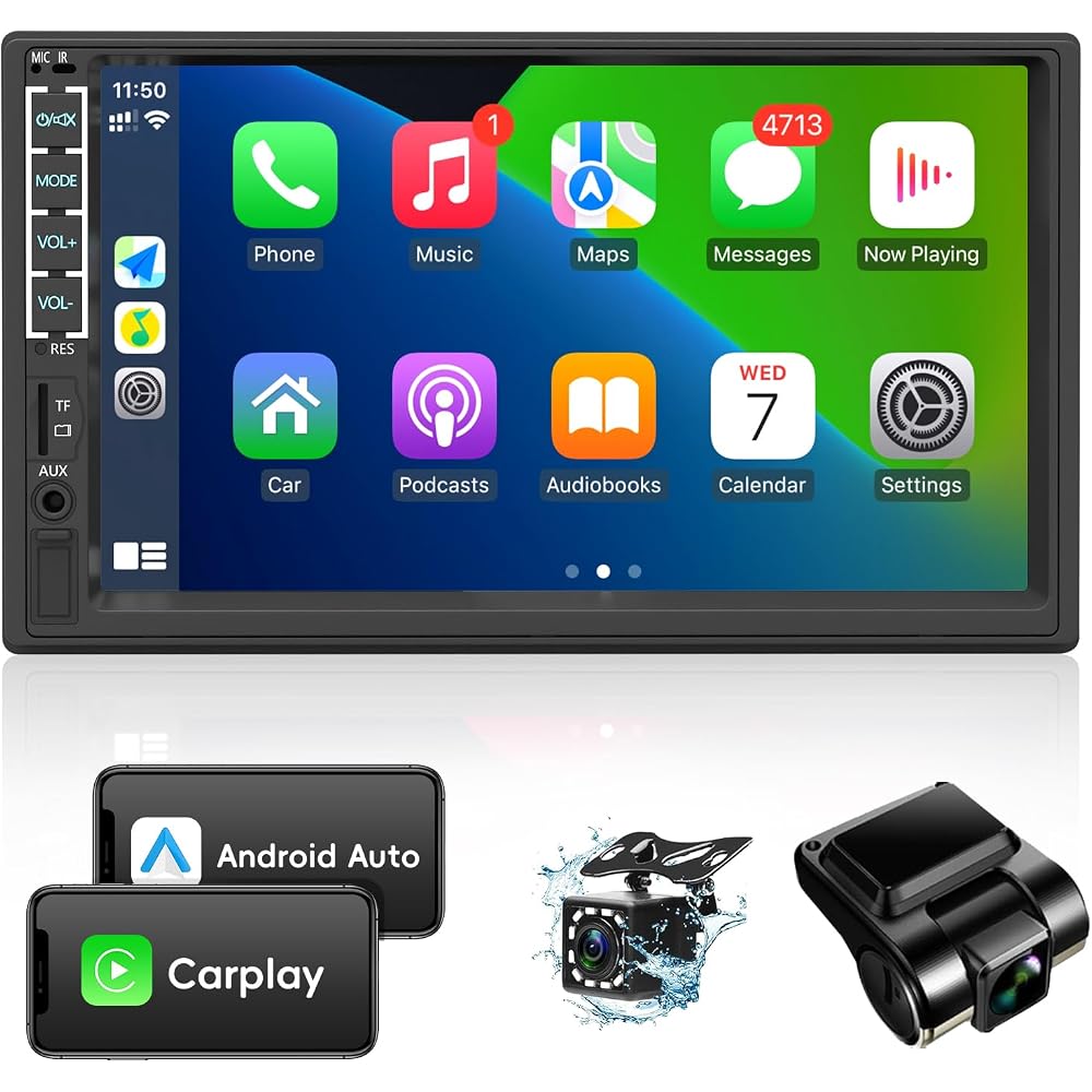 Leadfan Double Din Car Stereo with Dash Cam, 7 Inch Full HD Touchscreen Car Audio Receiver, Support CarPlay and Android Auto, Bluetooth, Mirror Link, Backup Camera