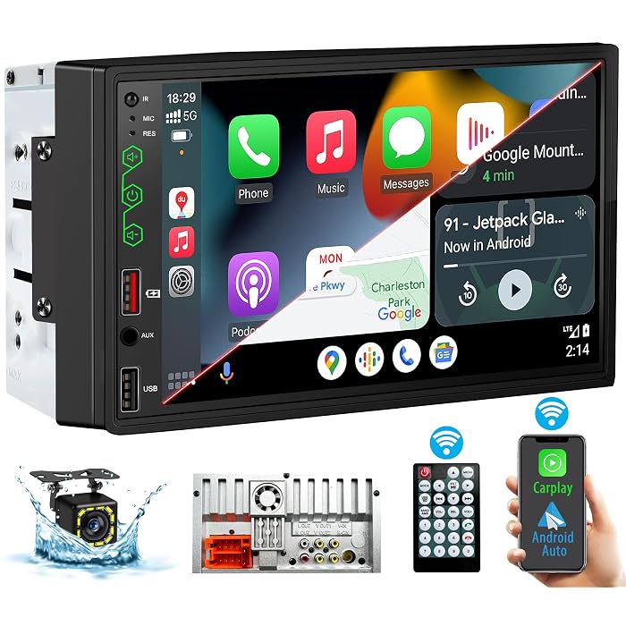 7" Double Din Car Stereo with Wireless Apple CarPlay & Android Auto, FM Car Audio Receivers, IPS Touch Screen Radio, Bluetooth 5.2, HD Backup Camera, GPS Navigation