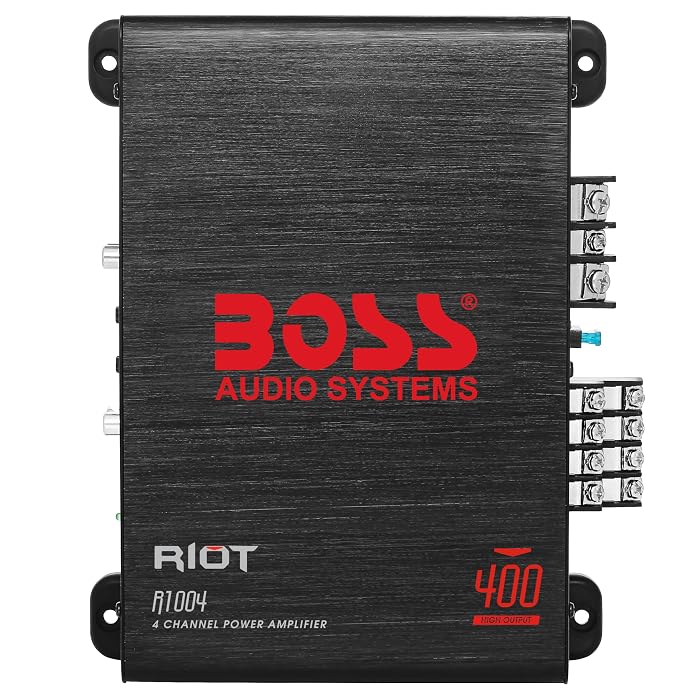 BOSS Audio Systems R1004 Riot Series 4 Channel Amplifier Car Audio - Class A/B, 400 Watts, 2-8 Ohm Stable, High/Low Level Inputs, Full Range