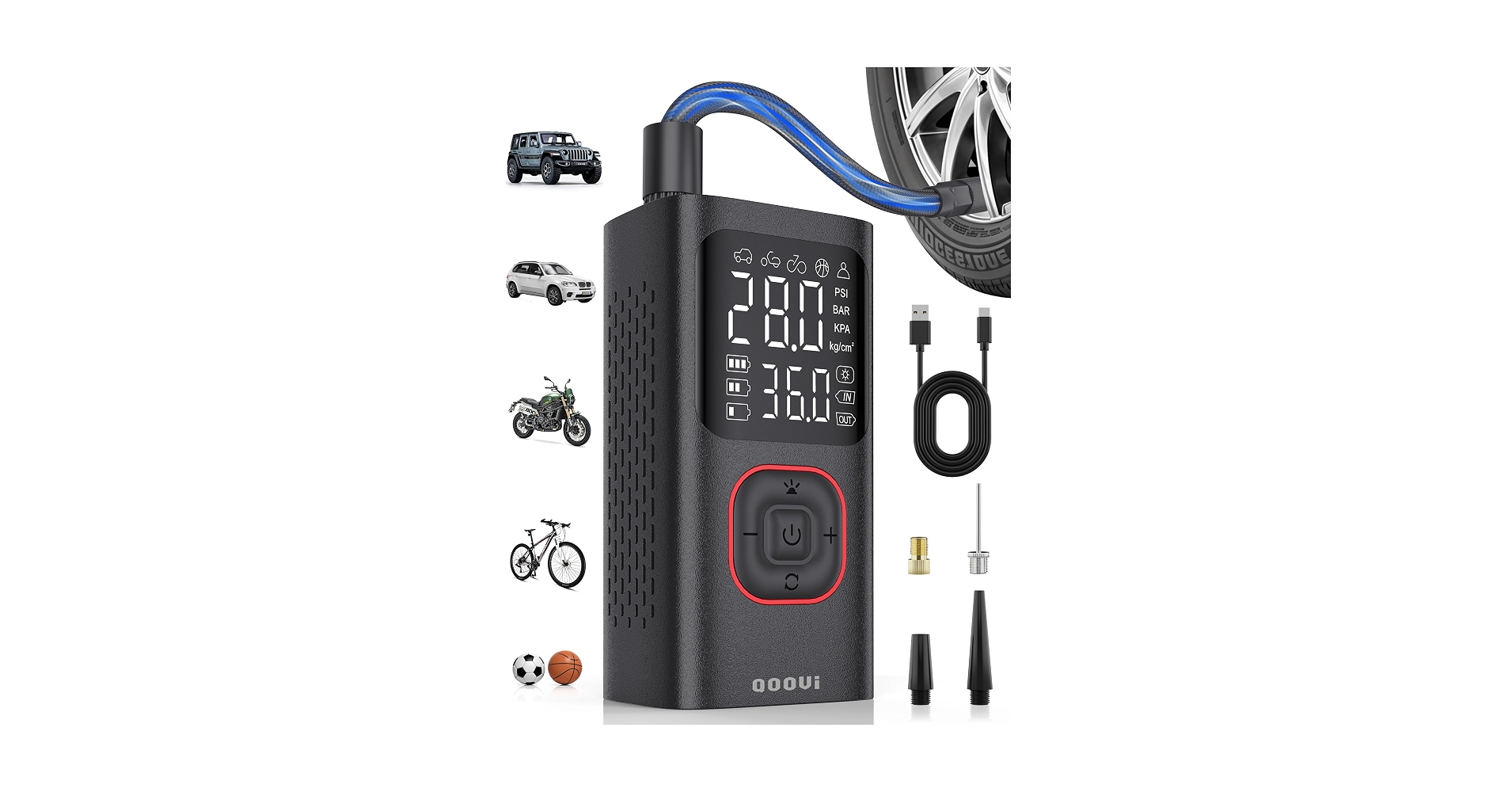 Tire Inflator Portable Air Compressor, 150 PSI Handheld Air Pump for Car Tires with 20V Rechargeable Battery, 12V Car Power Adapter, Digital Display, Ball, Motorcycle, Bike Pump