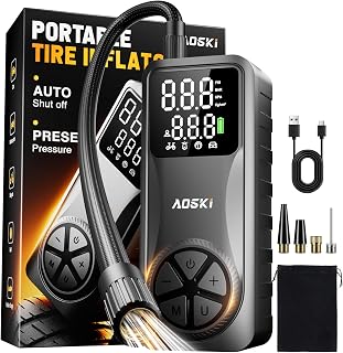 AOSKI Tire Inflator Portable Air Compressor: 150PSI Rechargeable Air Pump with Digital Pressure Gauge, LED Light and Auto Shut-Off - Fast Inflation for Car, Motorcycle, Bike, and Ball - Black