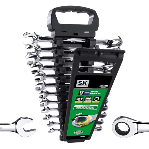 SK Ratcheting Wrench Set 12-Piece Metric 8 to 19mm 72-Tooth with Rack Organizer