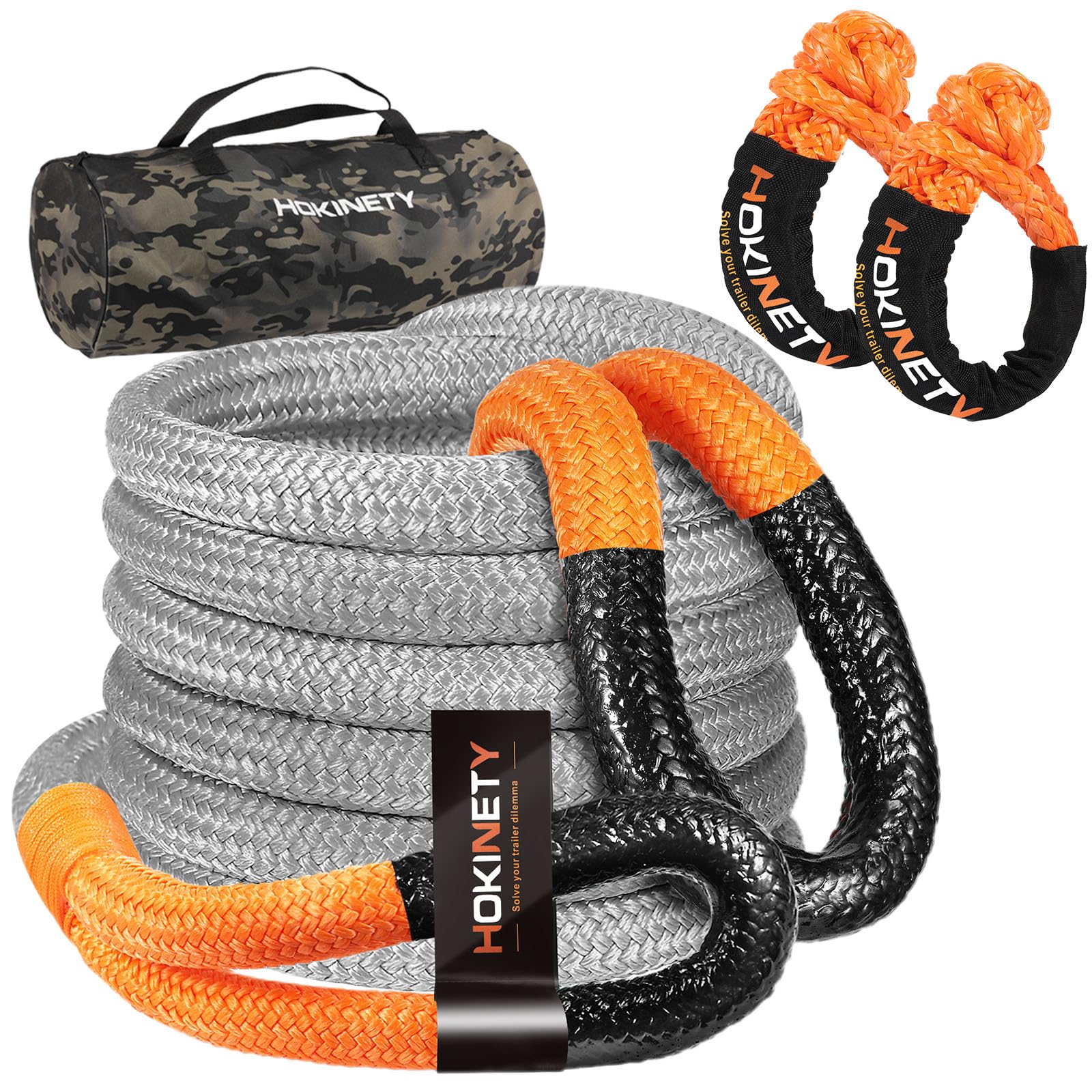 1 inch x 30ft Kinetic Recovery Tow Rope 48,800 LBS with 2 Soft Shackles