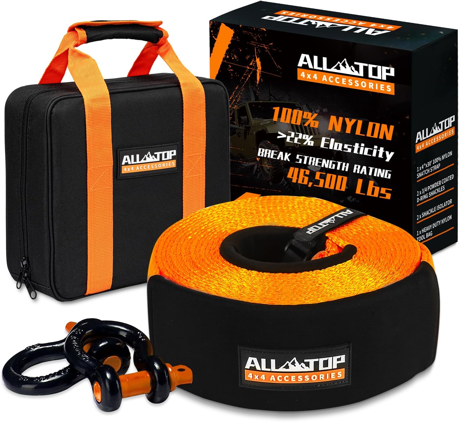 ALL-TOP Extreme Duty Tow Strap Recovery Kit 4 inch x 30ft 46,500lbs