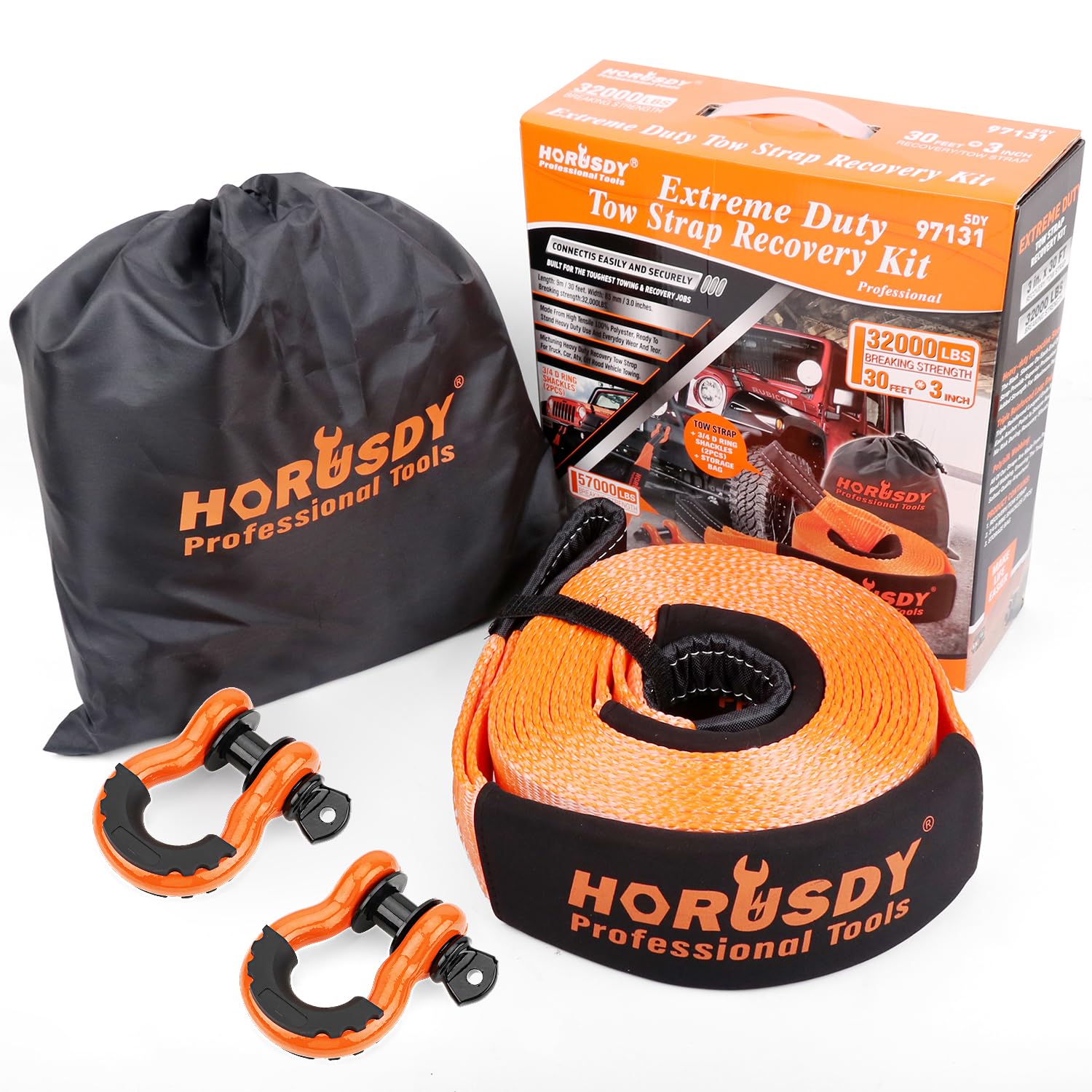 HORUSDY Nylon Heavy Duty Tow Strap 3 inch x 30Ft 35,000 LBS Kit