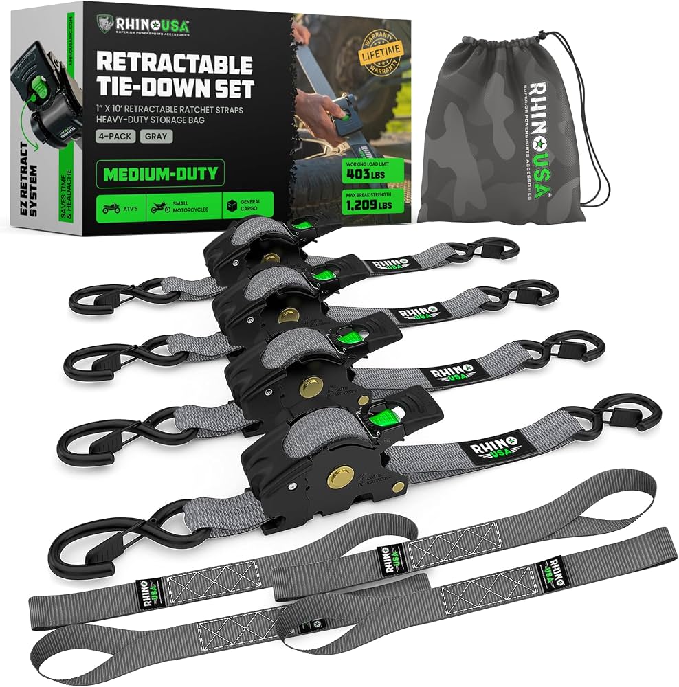 Rhino USA Retractable Ratchet Straps 4-Pack 1 inch x 10 ft 1,209lb