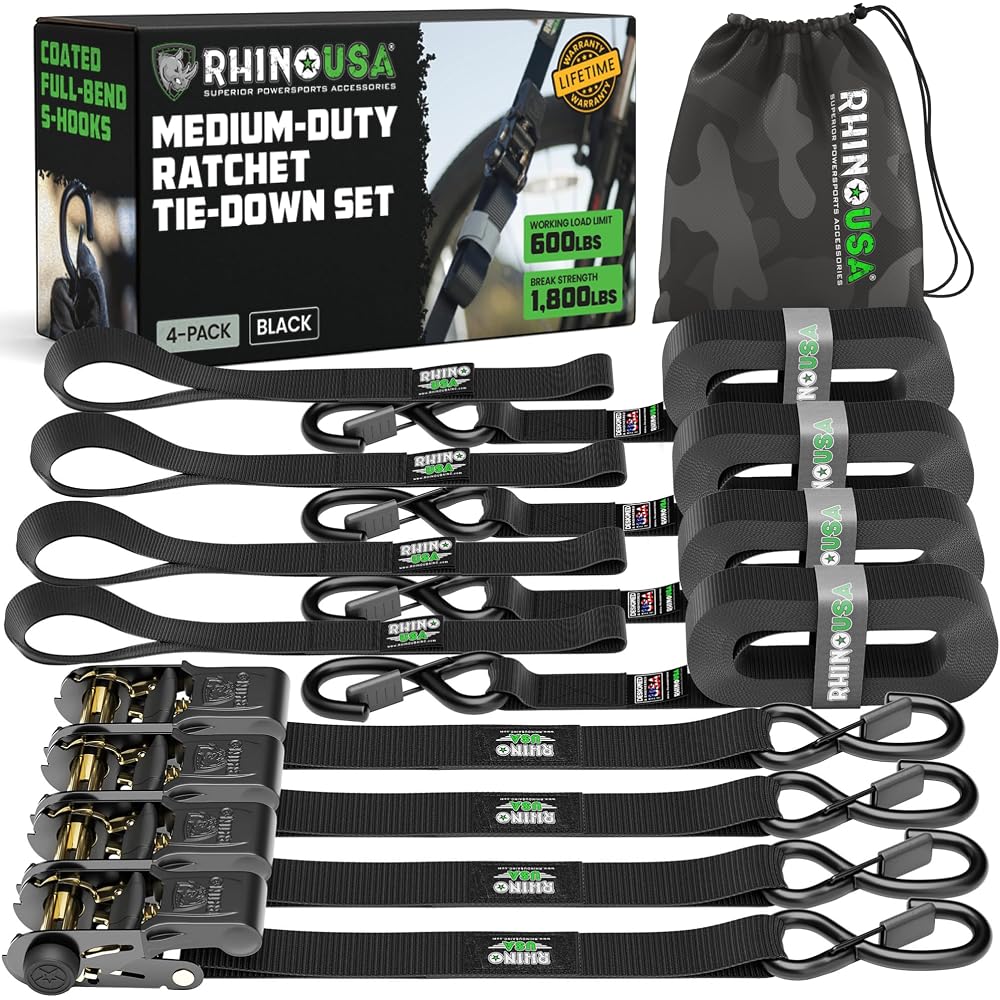 Rhino USA Ratchet Straps Tie Downs 4-Pack 1 inch x 15 ft 1,823lb