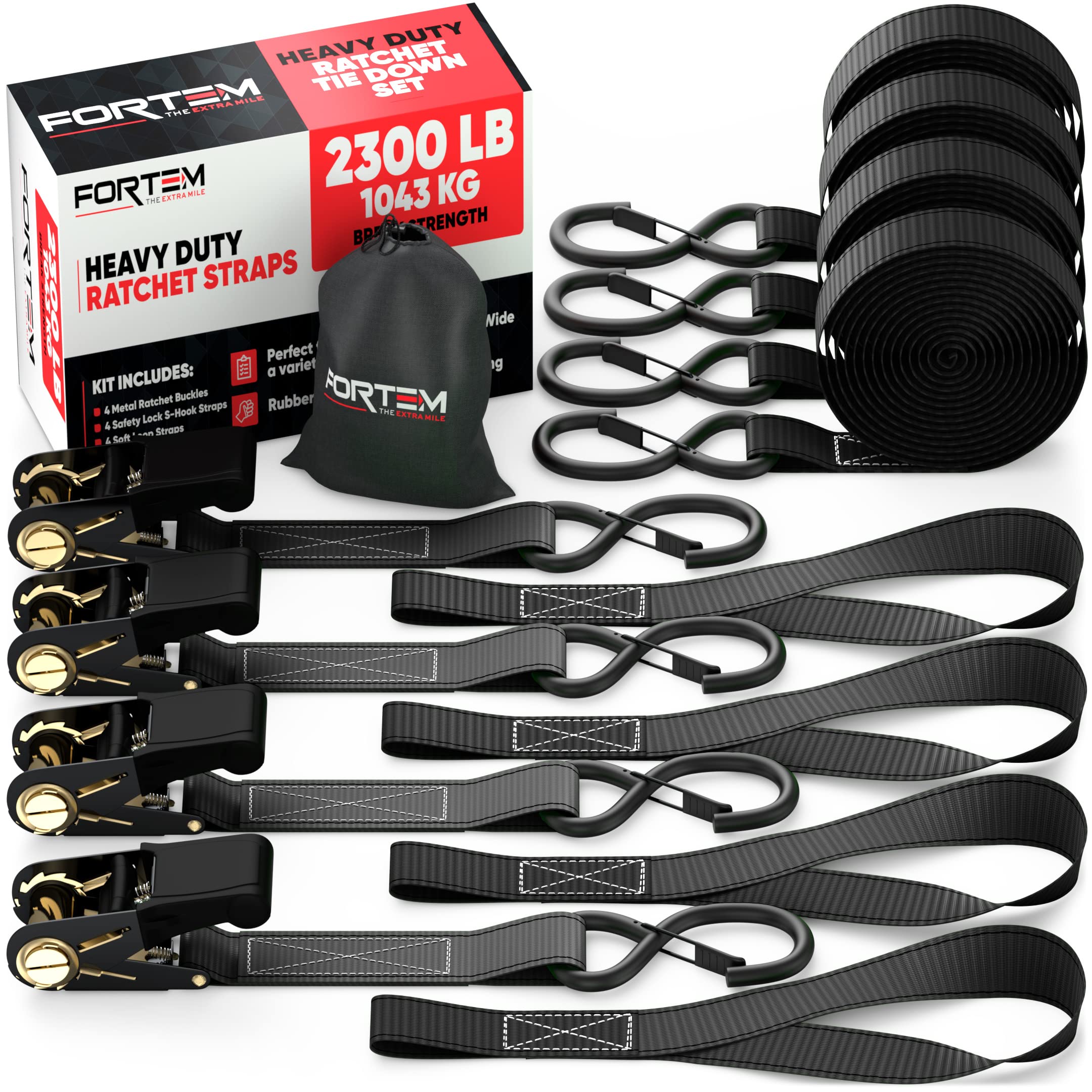 FORTEM Ratchet Straps Tie Down Set 4 Pack 15ft