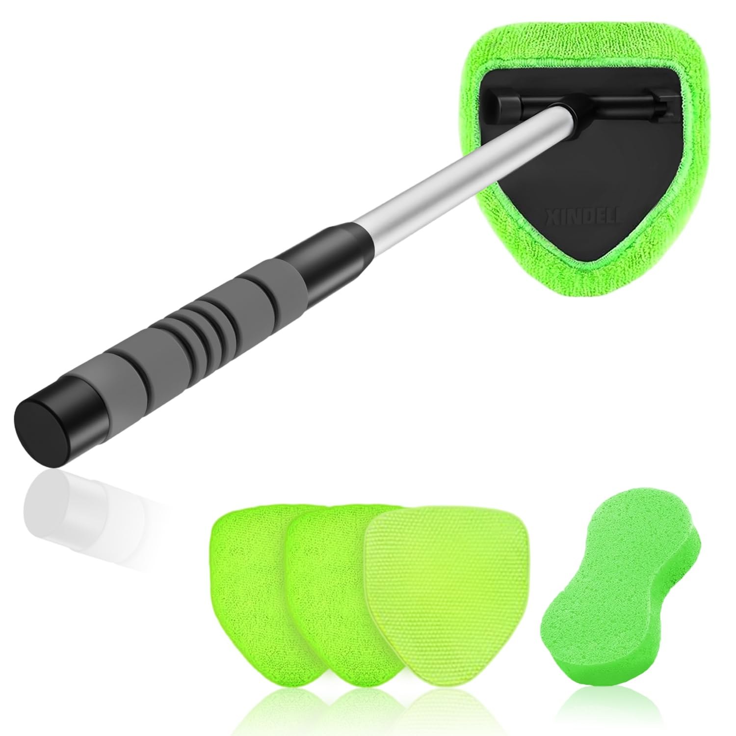 XINDELL Windshield Cleaner Tool, Car Interior Window Cleaning Kit with Extendable Handle & 4 Microfiber Pads