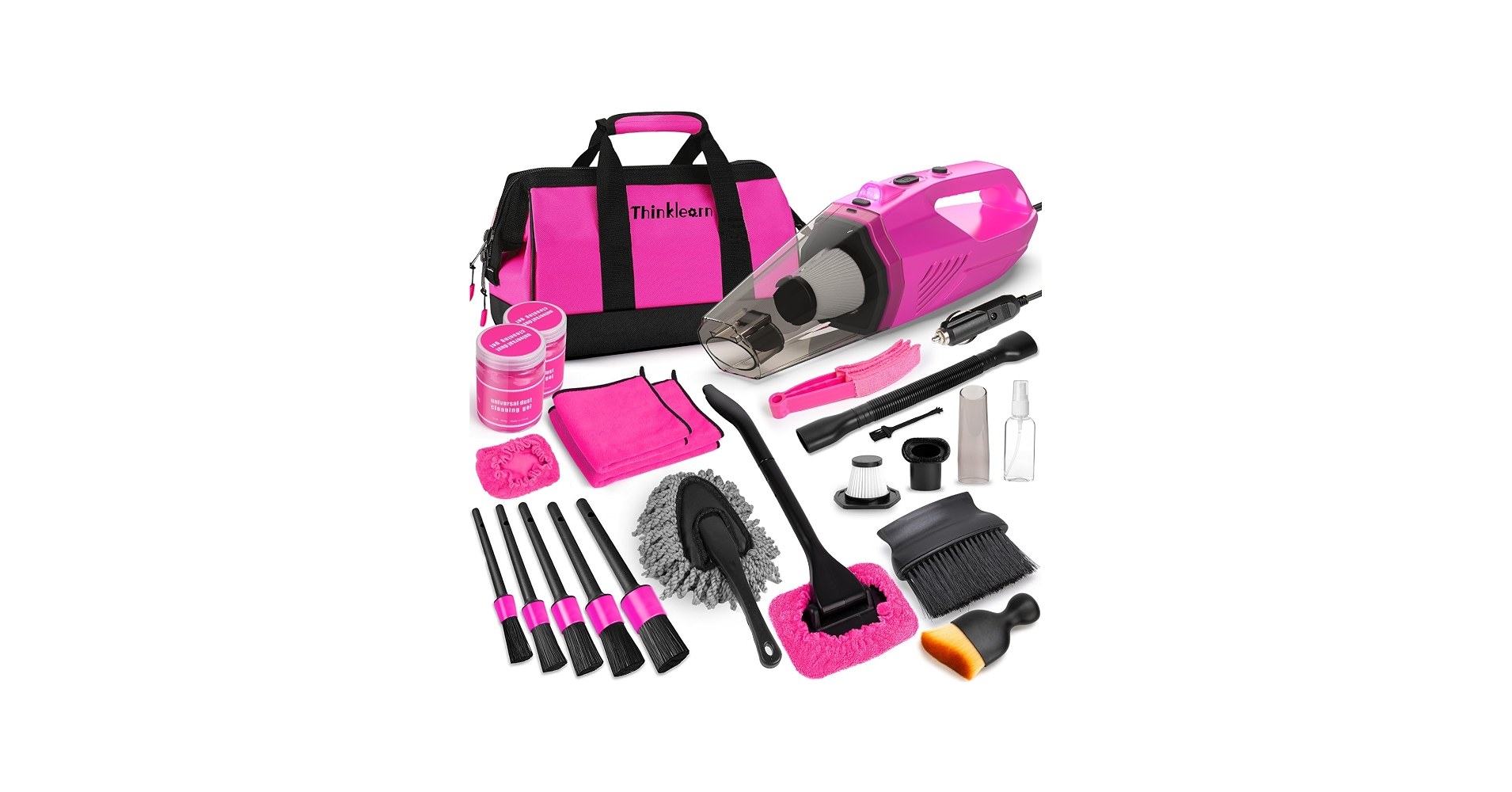 ThinkLearn Car Cleaning Kit with High Power Handheld Vacuum, 17-Piece, Pink