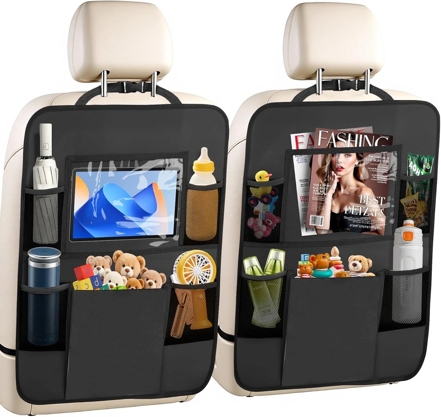Backseat Organizer with Touch Screen Tablet Holder, 6 Storage Pockets, Kick Mats, 2 Pack