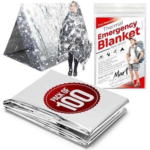 Mart Cobra Emergency Blanket 100-Pack, Reflective Thermal Blanket
