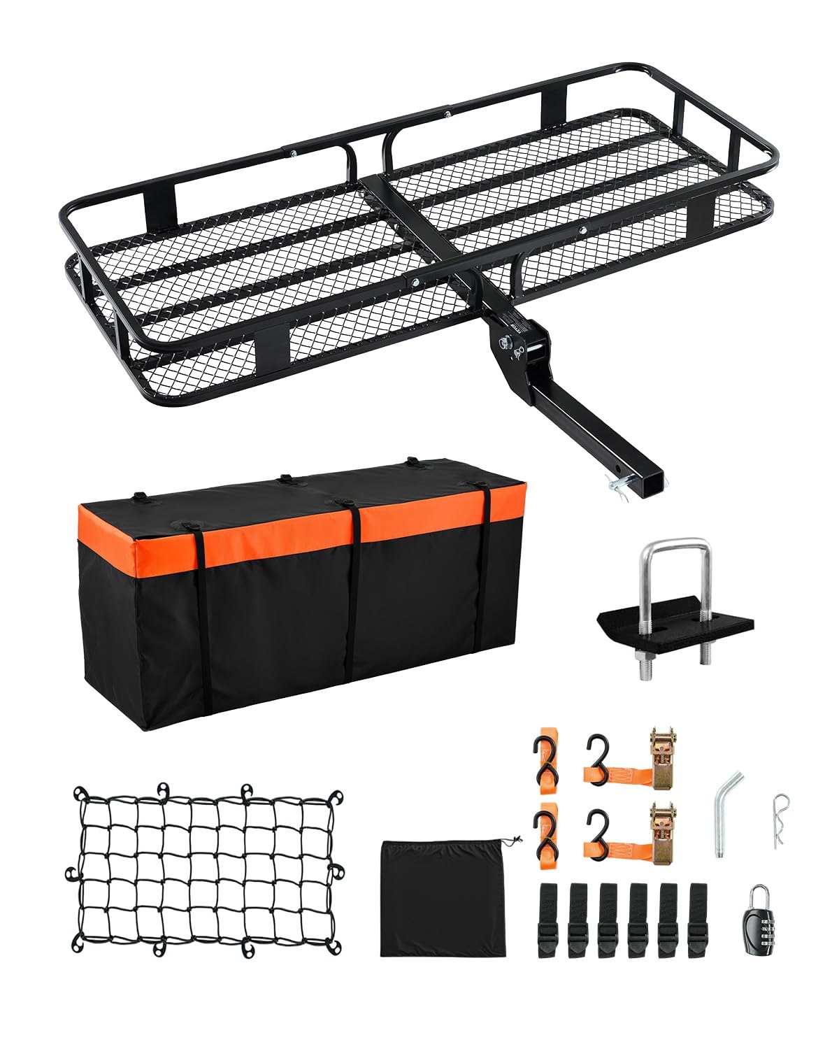 VEVOR 60x24x6 Folding Hitch Carrier, 500lb Capacity Cargo Basket & Waterproof Bag