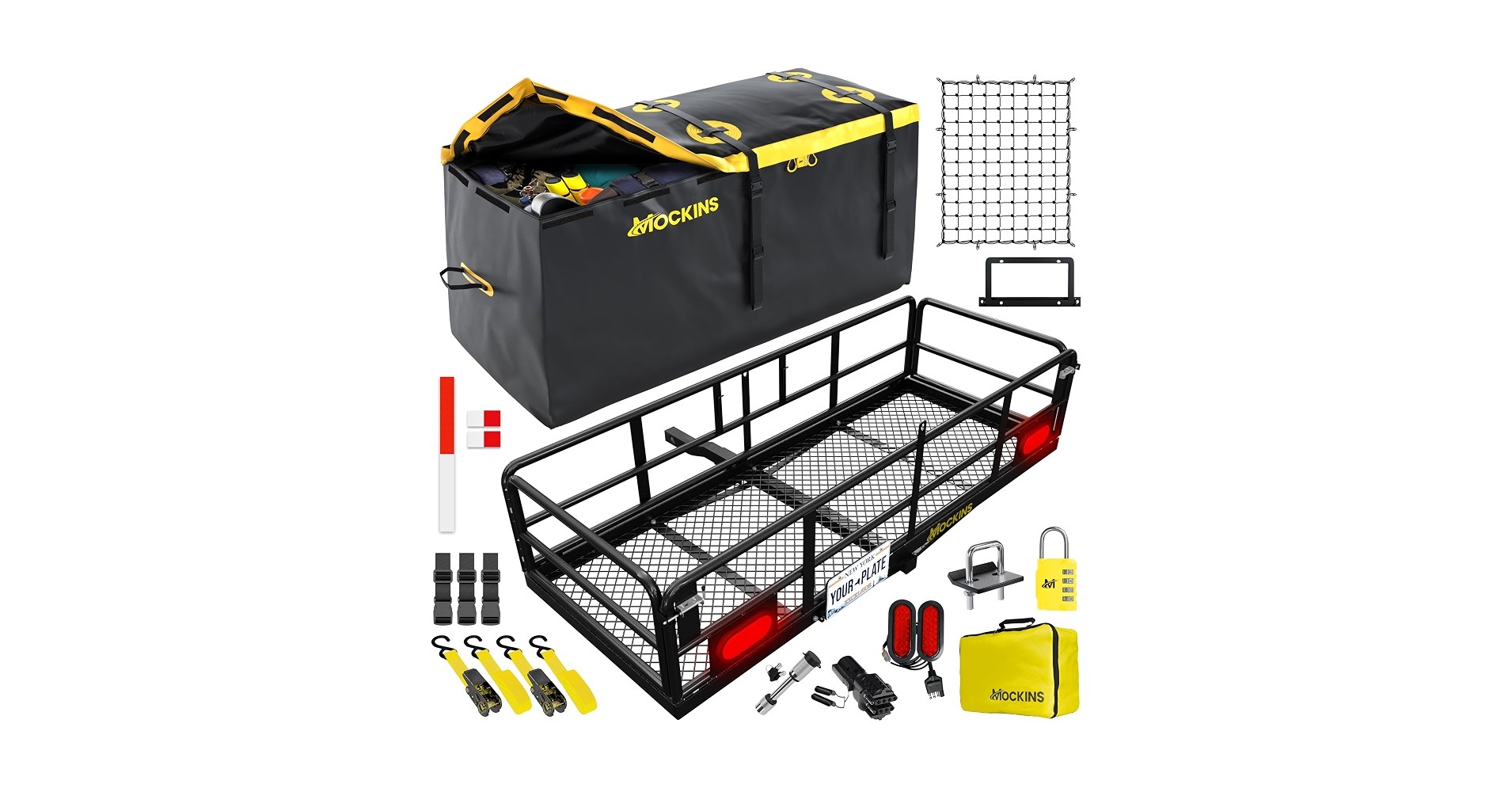 Mockins 60"x24"x14" High Rail Hitch Cargo Carrier with Rear Lights & 30 CuFt Waterproof Bag