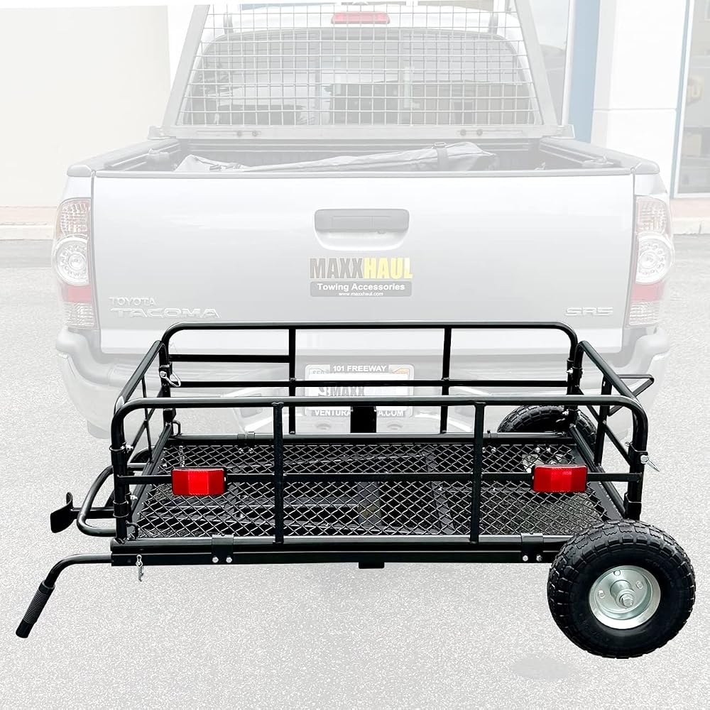 MaxxHaul 50243 Foldable Hitch N Roll Cargo Carrier Cart with 10 inch Flat Free Tires