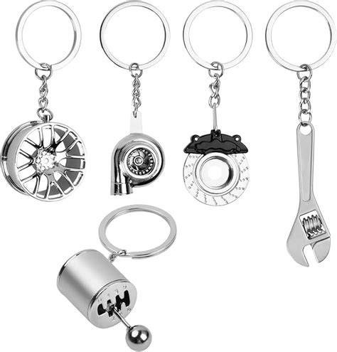 5pc Car Lovers Key Chain Set - Manual Gear Shifter, Wheel Rim, Spanner, Turbo, Brake Disc