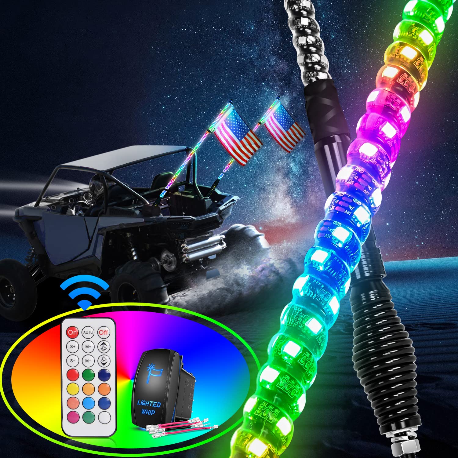 Nilight TL-27 LED Whip Lights — 4FT Spiral RGB, 2-Pack