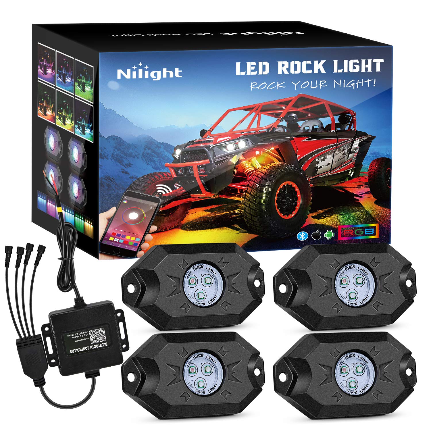 Nilight RGB LED Rock Lights Kit — 4 Pods, App Control