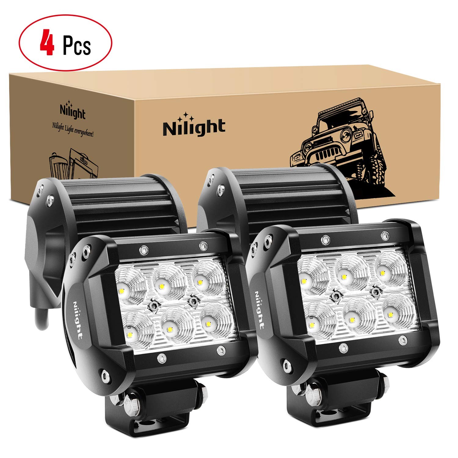 Nilight 18W LED Light Pods — Flood, 4-Pack